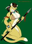  anthro big_breasts breasts clothed clothing feathers feline female green_background invalid_tag lion loincloth mammal navel necklace plain_background polearm pose richard_bartrop skimpy solo spear tribal warrior weapon 