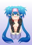  blue_hair breasts green_eyes jacket kesuida klan_klein long_hair looking_at_viewer macross macross_frontier medium_breasts naked_coat open_clothes open_jacket pointy_ears solo thighhighs twintails very_long_hair 