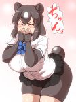  animal_humanoid armwear big_breasts biker_shorts black_hair black_legwear blush bow_tie breasts brown_bear_(kemono_friends) clothed clothing elbow_gloves eyes_closed female fingerless_gloves gloves hair humanoid inner_ear_fluff isna kemono_friends laugh legwear mammal shirt short_hair shorts skirt solo ursid ursid_humanoid 