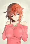  bare_shoulders breast_suppress breasts brown_hair closed_eyes collarbone highres inushi koisome_momiji large_breasts nanasato_yui off_shoulder red_hair short_hair simple_background solo 