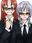  adjusting_clothes adjusting_necktie black_neckwear black_suit braid contemporary formal fuuzasa green_eyes hong_meiling izayoi_sakuya long_hair multiple_girls necktie red_eyes red_hair short_hair smile suit sunglasses touhou twin_braids white_background 