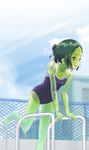  arawi_yoshihiko arm_support competition_swimsuit goo_girl green_hair green_skin monster_girl one-piece_swimsuit original ponytail red_eyes revision see-through short_hair solo swimsuit 