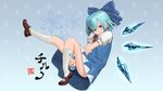  between_legs blue_eyes blue_hair bow cirno dress hair_bow hand_between_legs highres ice ice_wings kesomaru kneehighs looking_at_viewer mary_janes revision shirt shoes smile socks solo touhou white_legwear wings 