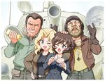  akiyama_yukari arm_around_shoulder bangs beard belt black_shirt blonde_hair blue_eyes blue_jacket brown_eyes brown_hair brown_jacket clint_eastwood donald_sutherland facial_hair girls_und_panzer gloves gold_bar grin ground_vehicle helmet iron_cross jacket kay_(girls_und_panzer) kelly's_heroes kumazura_chuu long_hair long_sleeves looking_at_another m4_sherman medium_tank messy_hair military military_uniform military_vehicle motor_vehicle multiple_girls one_eye_closed ooarai_military_uniform open_mouth private_kelly saunders_military_uniform sergeant_oddball shirt short_hair smile standing tank uniform upper_body 