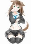  animal_ears bad_id bad_pixiv_id black_legwear blush brown_hair cardigan dog_ears dog_tail green_eyes idolmaster idolmaster_cinderella_girls jewelry knees_together_feet_apart long_hair midriff navel necklace necktie paw_pose revision shibuya_rin shirt_lift simple_background sitting skindentation skirt solo tail thighhighs wariza white_background yamada_ranga 