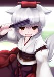  alternate_costume animal_ears blush collarbone detached_sleeves fan hat highres inubashiri_momiji japanese_clothes obi open_mouth revision sash solo tail touhou tsubasa_(abchipika) white_hair wolf_ears wolf_tail yellow_eyes 