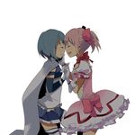  blue_hair bow bubble_skirt cape closed_eyes face-to-face gloves hair_bow hand_on_another's_face highres holding_hands kaname_madoka magical_girl mahou_shoujo_madoka_magica meno miki_sayaka multiple_girls noses_touching pink_hair revision short_hair short_twintails simple_background skirt tears thighhighs twintails zettai_ryouiki 