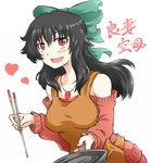  alternate_costume apron bare_shoulders black_hair blush bow breasts chopsticks contemporary frying_pan hair_bow heart kuro_goma_(kakkou11) large_breasts long_hair off_shoulder open_mouth red_eyes red_shirt reiuji_utsuho revision shirt smile solo sweater touhou 