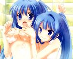  blue_eyes blue_hair blush breast_grab exit_tunes ikegami_akane long_hair nude ponytail shower yuri 
