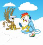  avian beak blue_fur blush brown_fur cloud clouds duo female feral friendship_is_magic fur gilda_(mlp) gryphon hair multi-colored_hair my_little_pony purple_eyes rainbow_dash_(mlp) rainbow_hair underpable wing_boner wingboner wings 