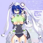  armor asamura_hiori bare_shoulders blue_background blue_hair breasts copyright_name curvy detached_sleeves fingernails green_eyes hat highres large_breasts looking_at_viewer navel one_eye_closed phantasy_star phantasy_star_online_2 phantasy_star_online_font revealing_clothes revision science_fiction short_hair skirt smile solo standing text_focus thigh_gap thousand_rim zoom_layer 