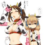  :o animal_ears animal_print bell bell_collar belt blonde_hair breast_envy breasts brown_hair cleavage closed_eyes collar cosplay cow_bell cow_ears cow_horns cow_print cow_tail flat_chest futaba_anzu gloves headset horns hot idolmaster idolmaster_cinderella_girls large_breasts midriff mui_(muica) multiple_girls navel oikawa_shizuku oikawa_shizuku_(cosplay) open_mouth oversized_clothes pink_gloves shaded_face sweat tail totoki_airi translated twintails 