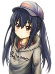  baseball_cap black_hair blush brown_eyes chain clothes_writing collarbone hat hood hoodie k-on! long_hair nakano_azusa revision simple_background solo tom_(drpow) twintails white_background 