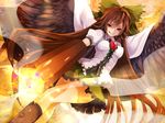  :q arm_cannon bad_id bad_pixiv_id black_wings breasts brown_hair fire long_hair medium_breasts red_eyes reiuji_utsuho settyaro skirt solo third_eye tongue tongue_out touhou very_long_hair weapon wings 