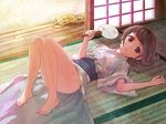  bad_id bad_pixiv_id barefoot black_eyes brown_hair cat convenient_leg fan feet japanese_clothes kimono legs long_hair looking_at_viewer lying on_back original paper_fan piroaki revision solo tatami uchiwa veranda yukata 