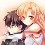  1girl asuna_(sao) black_eyes black_hair breastplate brown_eyes brown_hair couple detached_sleeves hetero hug hug_from_behind kirito long_hair lowres short_hair sukoyaka_gyuunyuu sword_art_online 