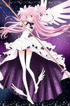  bad_id bad_pixiv_id bow_(weapon) dress highres kaname_madoka legs mahou_shoujo_madoka_magica pink_eyes pink_hair solo thighhighs two_side_up ultimate_madoka weapon white_legwear wings yuiyuimoe 