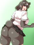  animal_humanoid armwear big_breasts biker_shorts black_hair blush breasts brown_bear_(kemono_friends) brown_eyes butt clothed clothing elbow_gloves female fingerless_gloves gloves hair humanoid isna kemono_friends mammal open_mouth raised_skirt rear_view shirt short_hair shorts skirt solo sweat sweatdrop ursid ursid_humanoid 