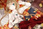  autumn_leaves blue_eyes book braid brown_hair hair_over_shoulder leaf long_hair long_sleeves lying maple_leaf natsumi_(katonatucareercomic) on_back one_eye_closed original papers plaid plaid_scarf red_scarf scarf solo twin_braids 
