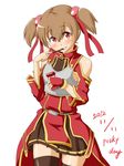  bare_shoulders breastplate brown_hair fingerless_gloves food gloves highres pocky rabinidaddo short_hair short_twintails silica solo sword_art_online thighhighs twintails 