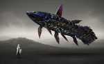  coelacanth epic fantasy fish floating flying ka92 mecha mechanization monster mountain original polearm realistic robot science_fiction shield solo spear tunic warrior weapon 