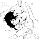  animal_ears blush bunny_ears bunny_tail cheek-to-cheek closed_eyes face flying_sweatdrops greyscale heart hug inaba_tewi long_hair monochrome multiple_girls open_mouth reisen_udongein_inaba short_hair smile space_jin sweat tail touhou very_long_hair 