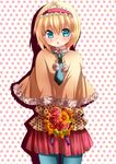  :o alice_margatroid alternate_costume blonde_hair blue_eyes blue_legwear blush bouquet capelet flower hairband holding looking_at_viewer nagare necktie pantyhose polka_dot polka_dot_background skirt solo touhou 