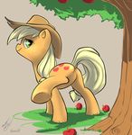  apple applejack_(mlp) atryl blonde_hair butt cowboy_hat cutie_mark equine female feral friendship_is_magic fruit grass green_eyes hair hat horse looking_at_viewer looking_back mammal my_little_pony nude pony raised_leg solo spread_legs spreading standing tree wood 