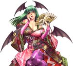  animal_print artist_request bare_shoulders bat_print bat_wings breasts bridal_gauntlets cleavage collarbone crossover demon_girl fan floral_print folding_fan green_hair hand_on_own_face head_wings japanese_clothes kimono large_breasts lips long_hair morrigan_aensland off_shoulder onimusha onimusha_soul pantyhose print_legwear red_eyes simple_background solo source_request succubus vampire_(game) white_background wings 