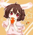  ahoge animal_ears brown_hair bunny_ears covering_mouth dress food fruit highres inaba_tewi jewelry necklace orange red_eyes s-s_(ss) short_hair solo touhou 