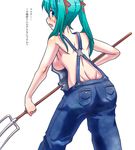  aqua_eyes aqua_hair blush breasts from_behind hair_ribbon hatsune_miku long_hair medium_breasts naked_overalls oonishi_shunsuke open_mouth overalls pitchfork ribbon sideboob simple_background solo suspenders sweatdrop translated twintails vocaloid white_background 