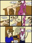  anthro anthrofied avante92 blush breasts cheerilee_(mlp) clothing comic cutie_mark dialog discord_(mlp) draconequus duo english_text equine female friendship_is_magic fur green_eyes hair horse mammal my_little_pony pegasus pony purple_fur pussy table text two_tone_hair wings 