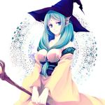  bad_id bad_pixiv_id between_breasts blue_eyes blue_hair breasts dress front_ponytail hair_ornament hat holding large_breasts long_hair looking_at_viewer magi_the_labyrinth_of_magic nomoc smile solo staff witch_hat yamuraiha 