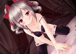  :q bed black_bra black_legwear blush bra breasts collarbone idolmaster idolmaster_cinderella_girls kanzaki_ranko looking_at_viewer medium_breasts naughty_face pink_eyes silver_hair solo tamago_kago thighhighs tongue tongue_out underwear 