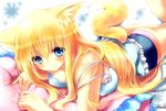  alternate_costume animal_ear_fluff animal_ears artist_name blonde_hair blue_eyes blush breast_press breasts fox_ears fox_tail futaba_aoi highres large_breasts leg_up long_hair lying naomi_(sekai_no_hate_no_kissaten) off_shoulder on_stomach original pillow shorts signature smile solo strap_slip tail 