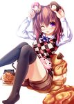 ;d argyle black_legwear blush cassini_m_bisuko cat doughnut food holding long_hair looking_at_viewer md5_mismatch one_eye_closed open_mouth original purple_eyes sitting smile solo syroh thighhighs 