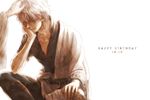  birthday gintama hadanugi_dousa japanese_clothes kiichi_(9ta) kimono long_sleeves male_focus petting sakata_gintoki short_sleeves white_hair 