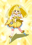  :d blonde_hair boots bow bowtie brooch choker cure_peace double_v hair_flaps jewelry kise_yayoi long_hair open_mouth precure saitou_masatsugu skirt smile smile_precure! solo v yellow yellow_background yellow_bow yellow_eyes yellow_skirt 