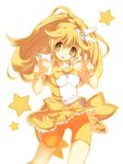  bad_id bad_pixiv_id bike_shorts blonde_hair bow cure_peace double_v enomoto_hina hair_flaps hair_ornament kise_yayoi magical_girl ponytail precure revision shorts shorts_under_skirt skirt smile_precure! solo star v white_background yellow yellow_bow yellow_eyes yellow_shorts yellow_skirt 