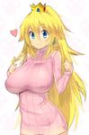  blonde_hair blue_eyes breasts crown dress earrings hair_twirling heart huge_breasts impossible_clothes impossible_sweater jewelry long_hair magister_(medical_whiskey) mario_(series) playing_with_own_hair princess_peach red_eyes ribbed_sweater smile solo sparkle super_mario_bros. sweater sweater_dress turtleneck very_long_hair 