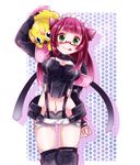  :p animal_ears breasts cat_ears glasses green_eyes large_breasts looking_at_viewer maid_headdress midriff navel neighbor_quartz phantasy_star phantasy_star_online_2 polka_dot polka_dot_background purple_hair rappy simple_background smile solo sumitaso thigh_gap tongue tongue_out 