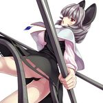 animal_ears ass black_panties blush dowsing_rod from_below grey_hair highres jewelry looking_back mouse_ears mouse_tail nazrin open_mouth panties pantyshot pendant red_eyes revision short_hair simple_background solo tail thong touhou tro underwear upskirt white_background 