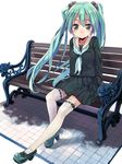  aqua_eyes aqua_hair bench hatsune_miku long_hair looking_at_viewer revision school_uniform serafuku shoes sitting skirt smile solo thighhighs twintails umeboshitora very_long_hair vocaloid white_legwear zettai_ryouiki 