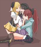  3girls ababc13 akemi_homura black_hair blonde_hair blush breast_licking chumi hug licking mahou_shoujo_madoka_magica multiple_girls open_mouth red_hair sakura_kyouko saliva sweat tear tears tomoe_mami tongue wink yuri 