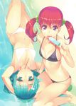  arms_behind_head barefoot bikini black_bikini blue_eyes blue_hair expressionless food from_above hair_bobbles hair_ornament hairclip halter_top halterneck holding holding_food licking long_hair looking_at_viewer lying mouth_hold multiple_girls navel on_back original partially_submerged popsicle red_eyes red_hair ryuuta_(msxtr) swimsuit tongue twintails water white_bikini 