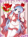  apron bikini blue_hair bouquet cosplay flower hood little_red_riding_hood little_red_riding_hood_(grimm) little_red_riding_hood_(grimm)_(cosplay) long_hair moyashi_onna original purple_eyes solo swimsuit thighhighs transparent 