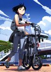  backpack bag bare_shoulders bicycle black_eyes black_hair blue_sky capri_pants clothes_around_waist cloud day folding_bicycle from_below ground_vehicle highres no_socks original pants scan ship shirt shoes short_hair sky smile sneakers solo striped striped_shirt sweater sweater_around_waist takamichi watercraft 
