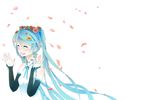  blue_hair blush hatsune_miku long_hair open_mouth petals rkp simple_background smile solo tears very_long_hair vocaloid white_background 