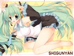  animal_ears barefoot cat_ears detached_sleeves flower green_eyes green_hair hair_flower hair_ornament hatsune_miku headset kemonomimi_mode long_hair looking_at_viewer md5_mismatch open_mouth shigunyan skirt smile solo twintails very_long_hair vocaloid 