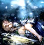  armor armored_dress artoria_pendragon_(all) barefoot between_legs blonde_hair dress fate/zero fate_(series) grass green_eyes hair_bun hand_between_legs light_smile lying misako12003 on_ground on_side saber short_hair solo sword weapon 